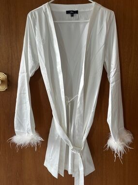 Lulu's White Satin Robe with Feather Cuffs
